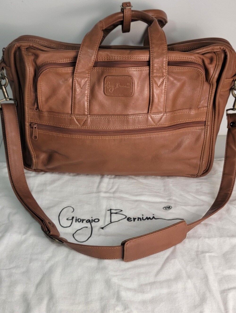 Giorgio Bernini Expandable Messenger Bag Brown Leather Laptop Briefcase-Dust Bag